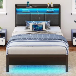 Twin Bed Frame with LED Lights, Charging Station & Storage Shelves,